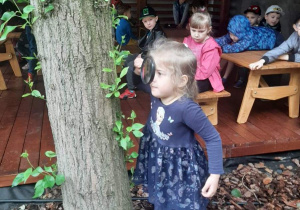 Dziewczynka obserwuje korę drzewa